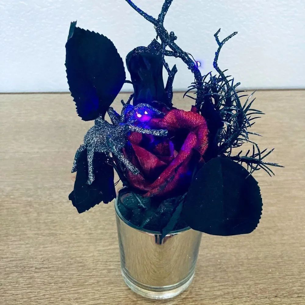 Halloween Goth Black Rose Lighted Faux Floral Decor Centerpiece